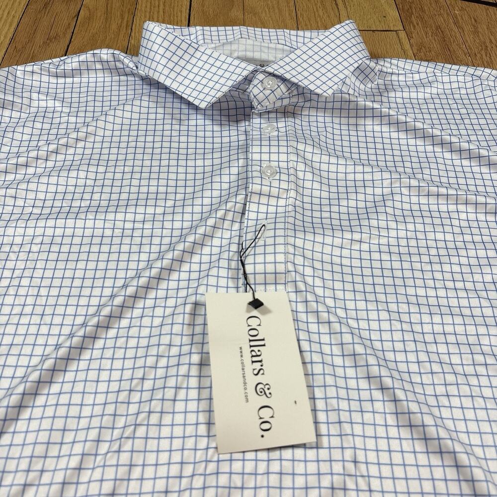 NWT Collars and Co Mens Size 2XL Relaxed Dress Collar Polo Shirt Blue White Grid